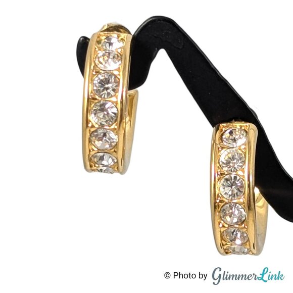Vintage Nolan Miller Glamour Collection Gold Tone Rhinestone Hoop Earrings 1990s - Picture 2 of 11